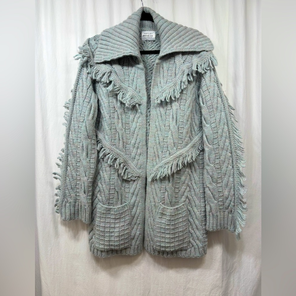 Hayle Menzies  Cozy Fringe Detail Cable Knit Cardigan Sweater - Light Mint
